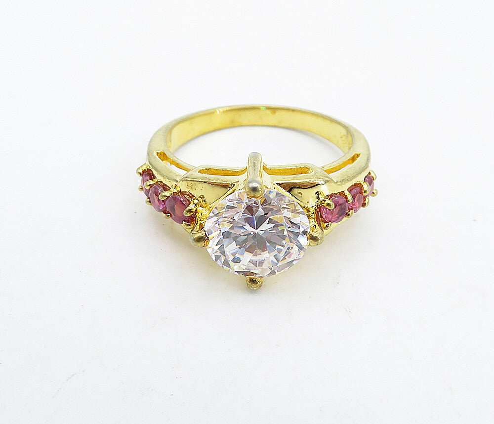 925 Silver  Cubic Zirconia & Pink Topaz Solitaire Accent Ring Sz 7.5  RG4964