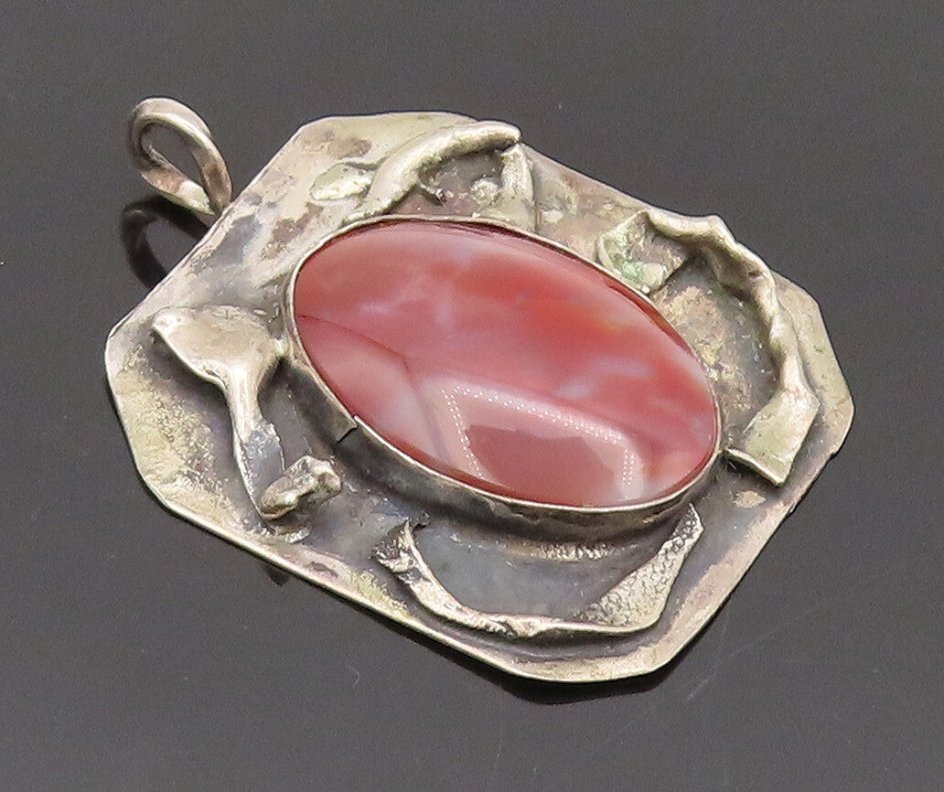 925 Sterling Silver Vintage Pendant Crushed Paper Carved Large Carnelian PT22525