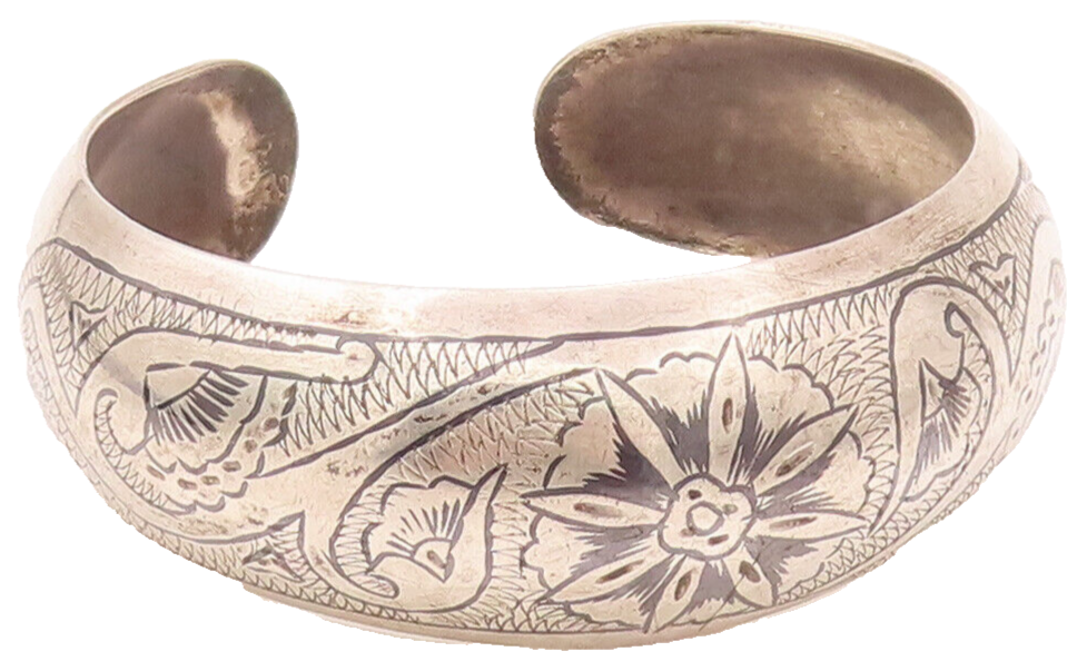 EAST EUROPE 925 Silver  Vintage Etched & Painted Floral Swirly Bracelet BT9904