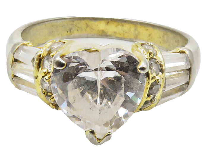 925 Sterling Silver  Cubic Zirconia Heart Gold Plated Band Ring Sz 7  RG14818
