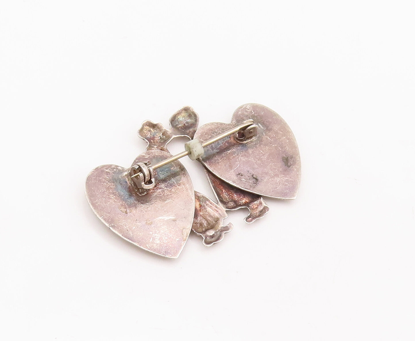 925 Sterling Silver Vintage Brooch Pin Kissing Lover With Carved Hearts  BP10986
