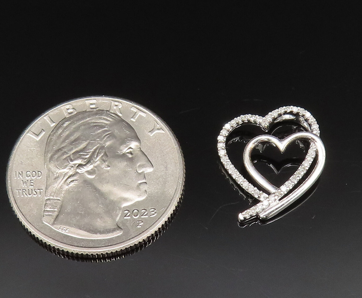 925 Silver  Vintage Genuine Diamonds Double Open Love Heart Pendant  PT20934