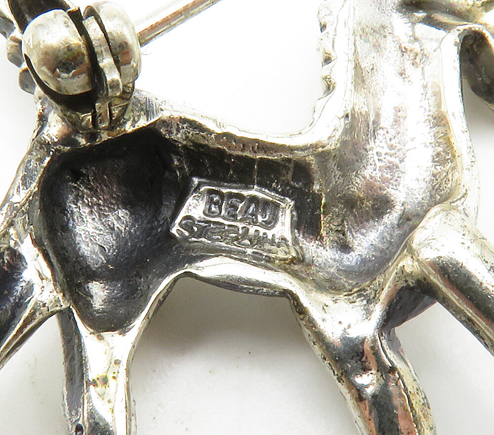BEAU 925 Sterling Silver  Vintage Shiny Sculpted Horse Brooch Pin  BP5870