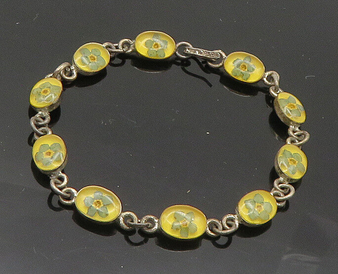 925 Sterling Silver  Vintage Petite Flower Art Dark Tone Chain Bracelet BT8191