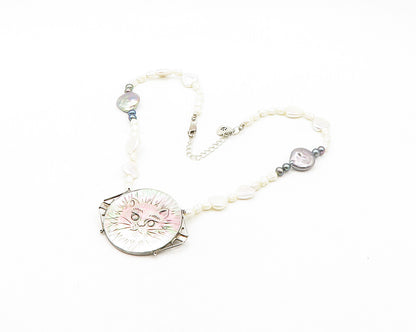 925 Sterling Silver Vintage Pearls & Abalone Cat Face Chain Necklace  NE3098