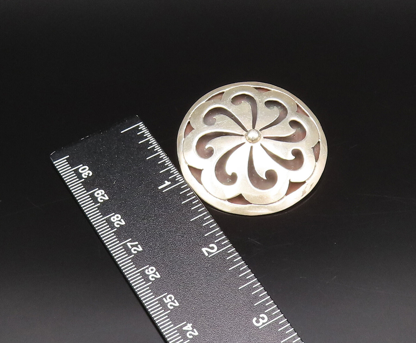 MEXICO 925 Silver  Vintage Carved Floral Spiral Pinwheel Brooch Pin  BP10089