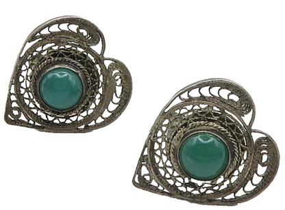 925 Silver Vintage Antique Green Carnelian Heart Non Pierce Earrings EG8039