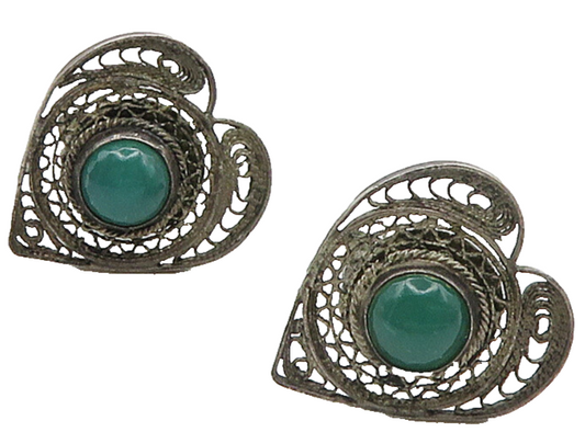 925 Silver Vintage Antique Green Carnelian Heart Non Pierce Earrings EG8039