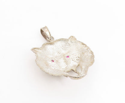 925 Sterling Silver Vintage Pendant Red Eyes CZ Roaring Wild Tiger Head PT25299
