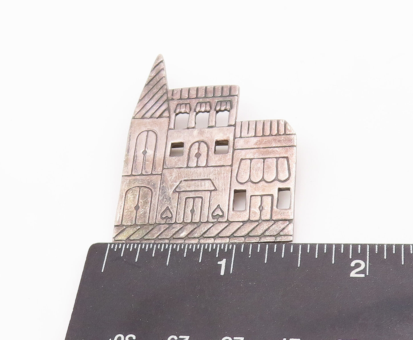 925 Sterling Silver Vintage Brooch Pin Solid Etched Apartment Building  BP10988