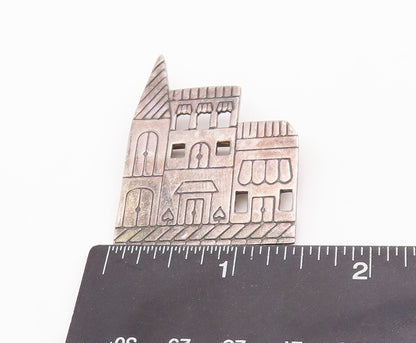 925 Sterling Silver Vintage Brooch Pin Solid Etched Apartment Building  BP10988