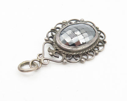 925 Sterling Silver  Vintage Faceted Hematite Swirl Border Pendant  PT8640