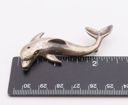 MEXICO 925 Sterling Silver  Vintage Dark Tone Dolphin Motif Brooch Pin  BP3281