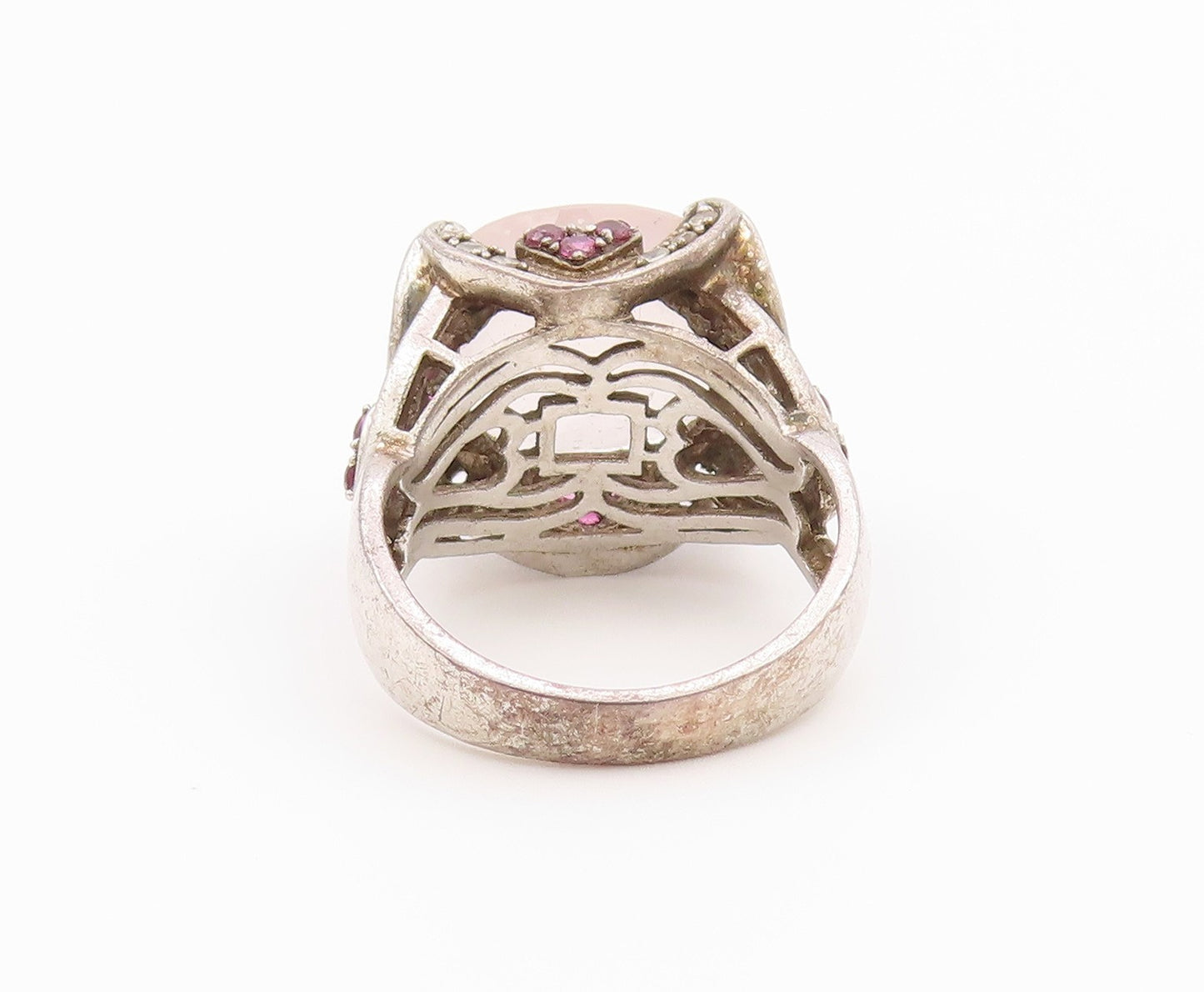 925 Sterling Silver Vintage Ring Rose Quartz & Ruby Statement Band Sz 9 RG36432
