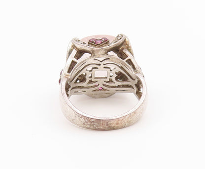 925 Sterling Silver Vintage Ring Rose Quartz & Ruby Statement Band Sz 9 RG36432