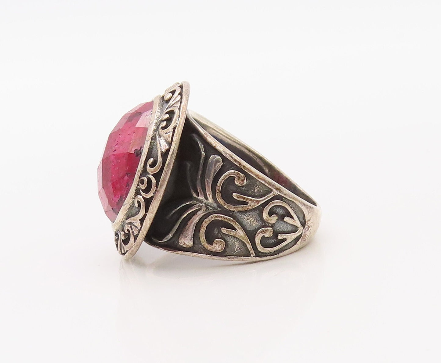 925 Sterling Silver Vintage Ring Real Round Gemstone Swirly Carved  Sz 7 RG30791