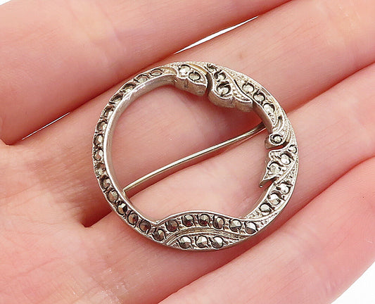 925 Sterling Silver  Vintage Marcasite Decorated Open Circle Brooch Pin BP1930