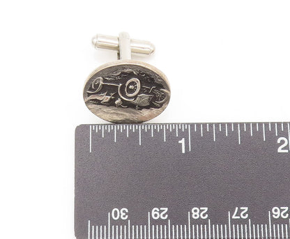 925 Sterling Silver Vintage Carved Car Button Like Round Cuff Links TR3520