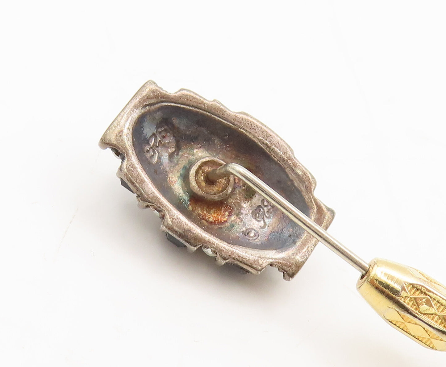 925 Sterling Silver Vintage Brooch Pin Antique Gold Plated Domed Onyx CZ BP10586