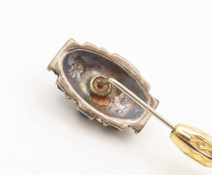 925 Sterling Silver Vintage Brooch Pin Antique Gold Plated Domed Onyx CZ BP10586