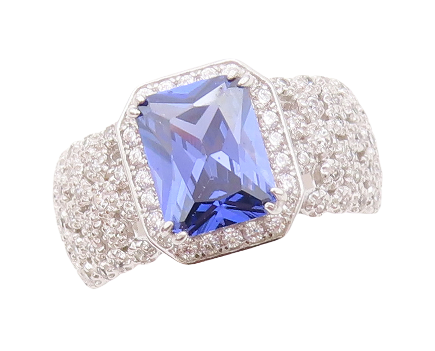 925 Sterling Silver Vintage Ring Square Cut Sapphire & CZ Band  Sz 7  RG30419