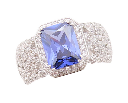 925 Sterling Silver Vintage Ring Square Cut Sapphire & CZ Band  Sz 7  RG30419