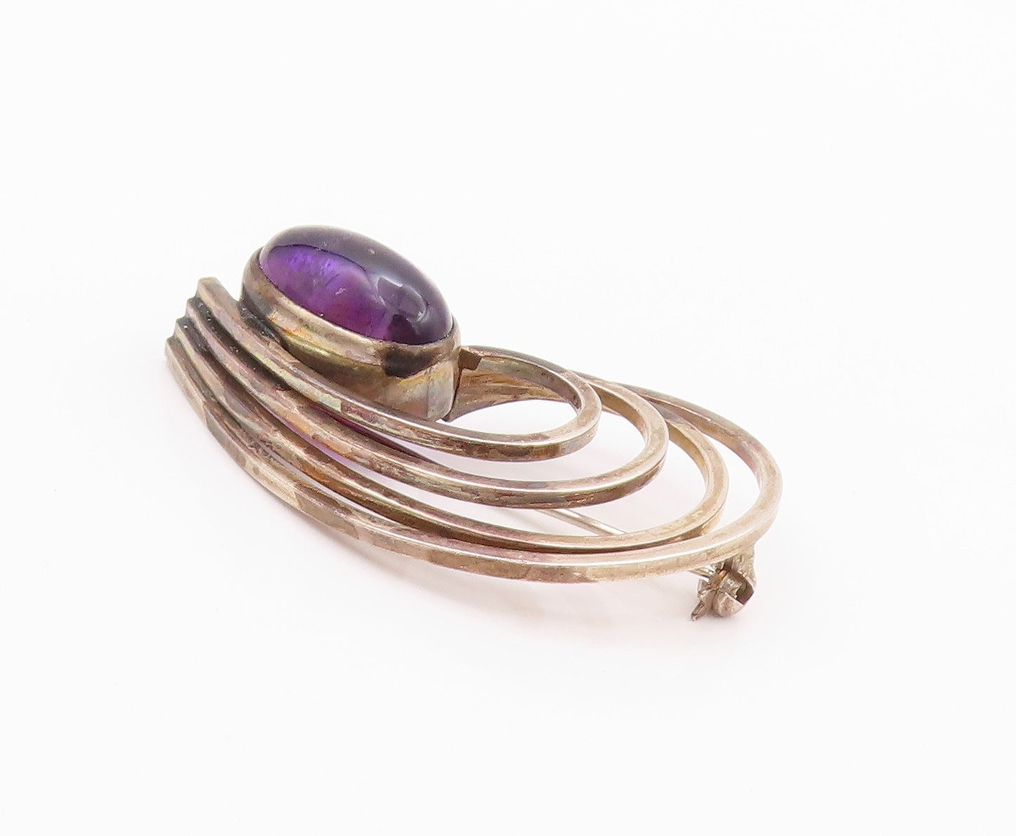 925 Sterling Silver Vintage Brooch Modernist Oval Amethyst Drop Cut Band BP11576