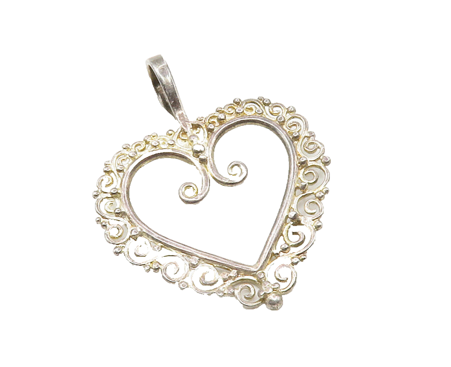 925 Sterling Silver  Vintage Open Love Heart Swirl Border Pendant  PT9846