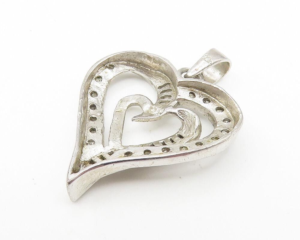 925 Sterling Silver  Vintage Cubic Zirconia Open Love Heart Pendant  PT8552