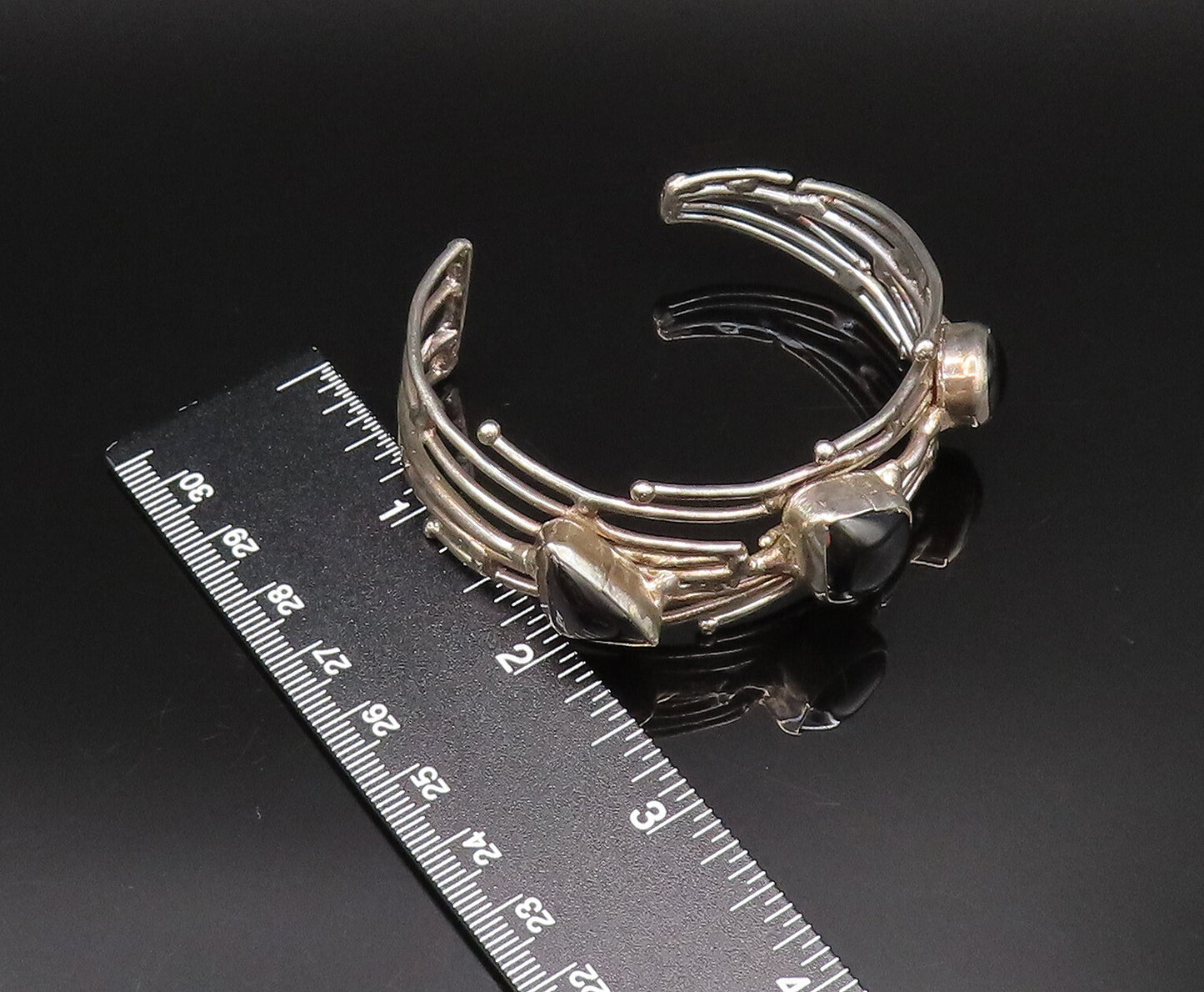 925 Silver  Vintage Multi Shaped Black Onyx Open Rows Cuff Bracelet BT9665