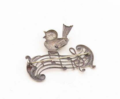925 Sterling Silver Vintage Brooch Pin LANG Chirping Bird Musical Note  BP11255