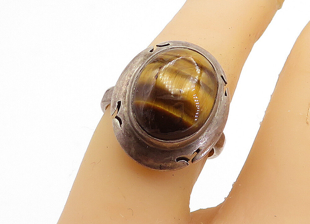 MEXICO 925 Sterling Silver  Vintage Tiger's Eye Cocktail Ring Sz 6.5  RG4398