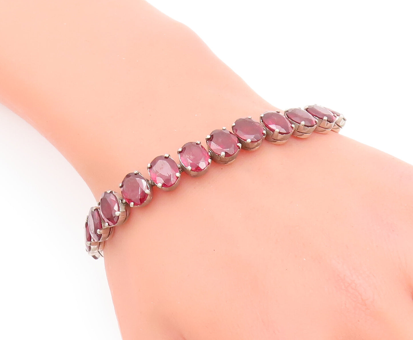 925 Sterling Silver Vintage Bracelet Solid Oval Garnet Tennis Bracelet  BT10501