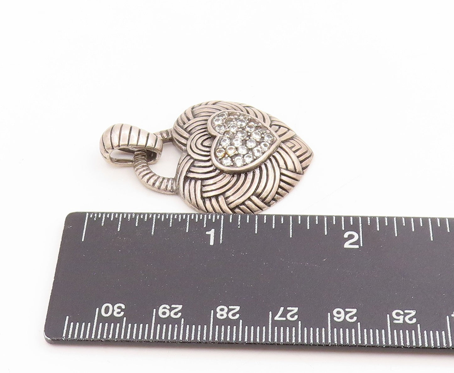 925 Sterling Silver Vintage Pendant Round Topaz Woven Braided Love Heart PT25445