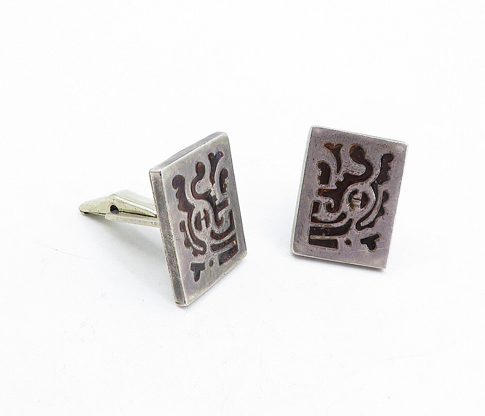 MEXICO 925 Sterling Silver  Vintage Enamel Patterned Square Cuff Links  TR1124