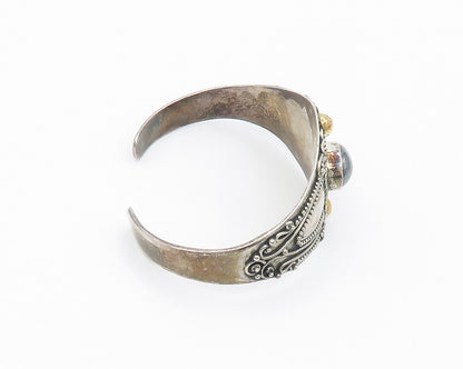 925 Sterling Silver & 18K GOLD  Vintage Hematite 2 Tone Cuff Bracelet  BT5651