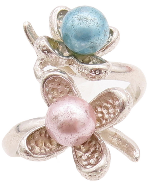 925 Sterling Silver Vintage Ring Blue & Pink Pearl Beaded Flowers  Sz 9  RG28981