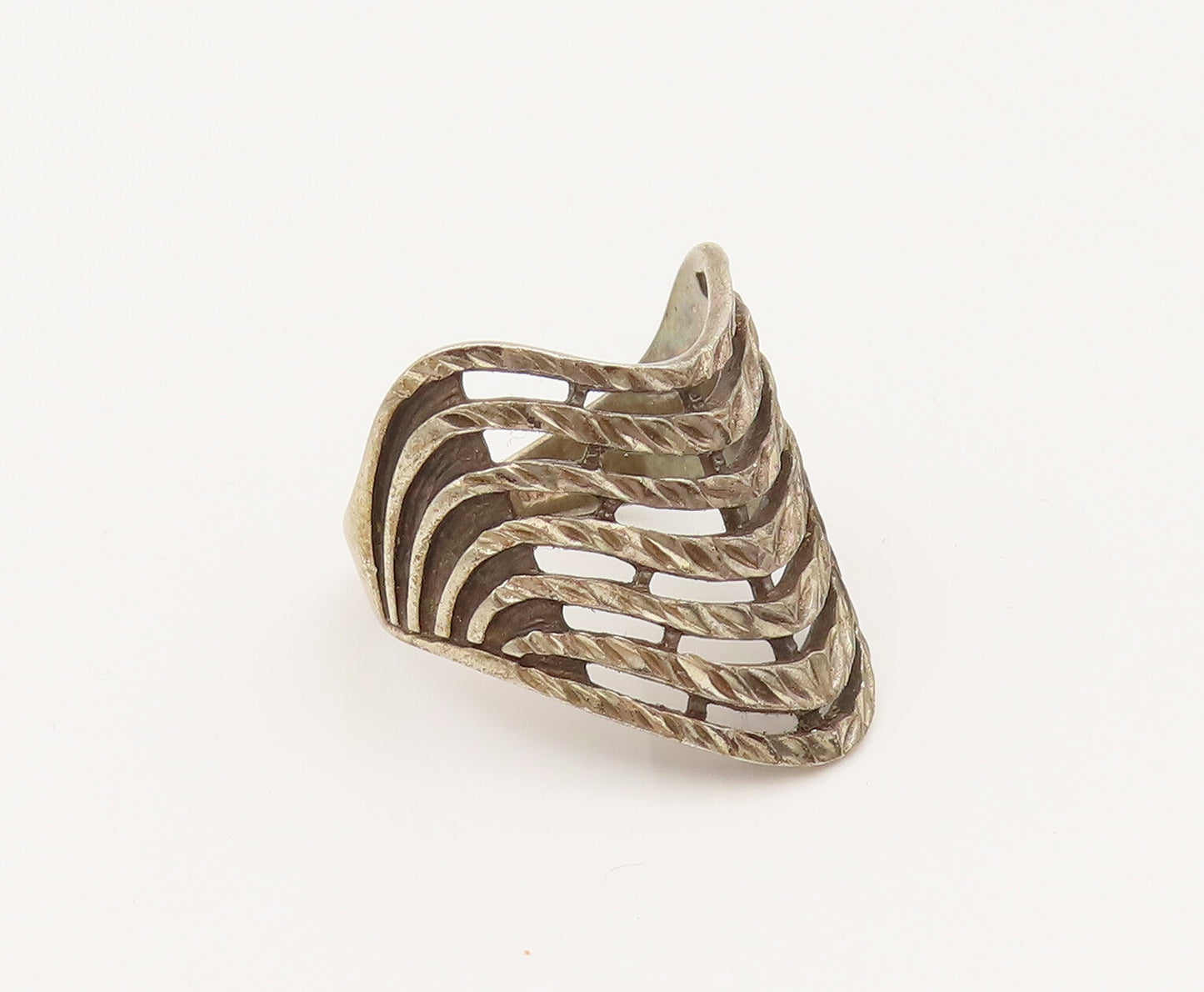 925 Sterling Silver  Vintage Hammered Open Row Curved Ring Sz 9.75  RG26423