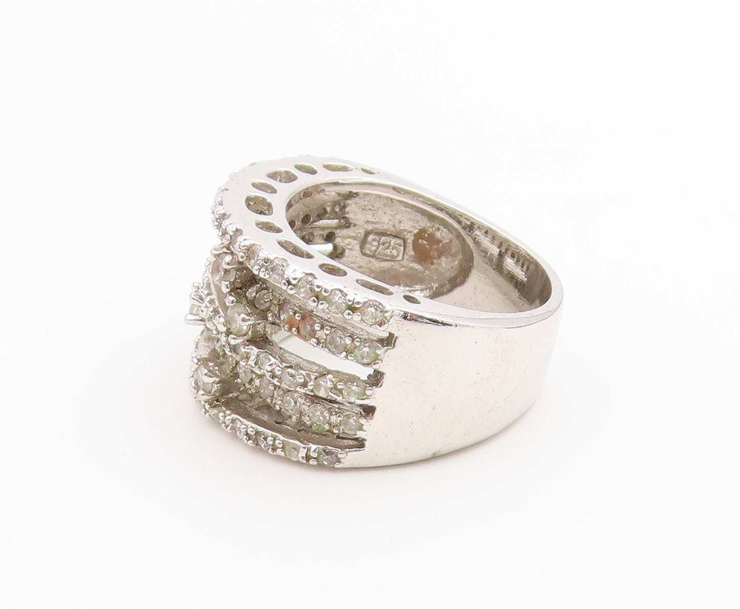 925 Sterling Silver Vintage Ring Multi Row CZ Pave Statement Band  Sz 8  RG36731