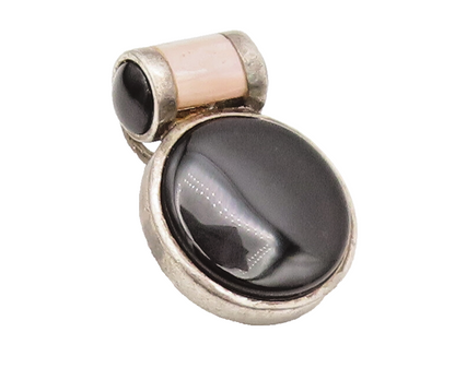 925 Sterling Silver Vintage Pendant Cabochon Onyx & Mother Of Pearls  PT22446