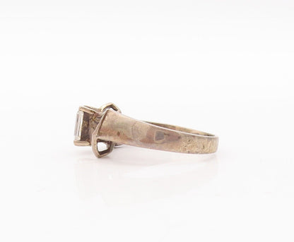925 Sterling Silver Vintage Ring Rectangle Cut CZ Carved Bow  Sz 7  RG28521