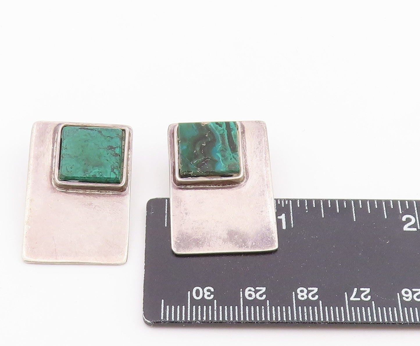 925 Sterling Silver Vintage Earrings Classic Malachite Geometric Clip On EG14436