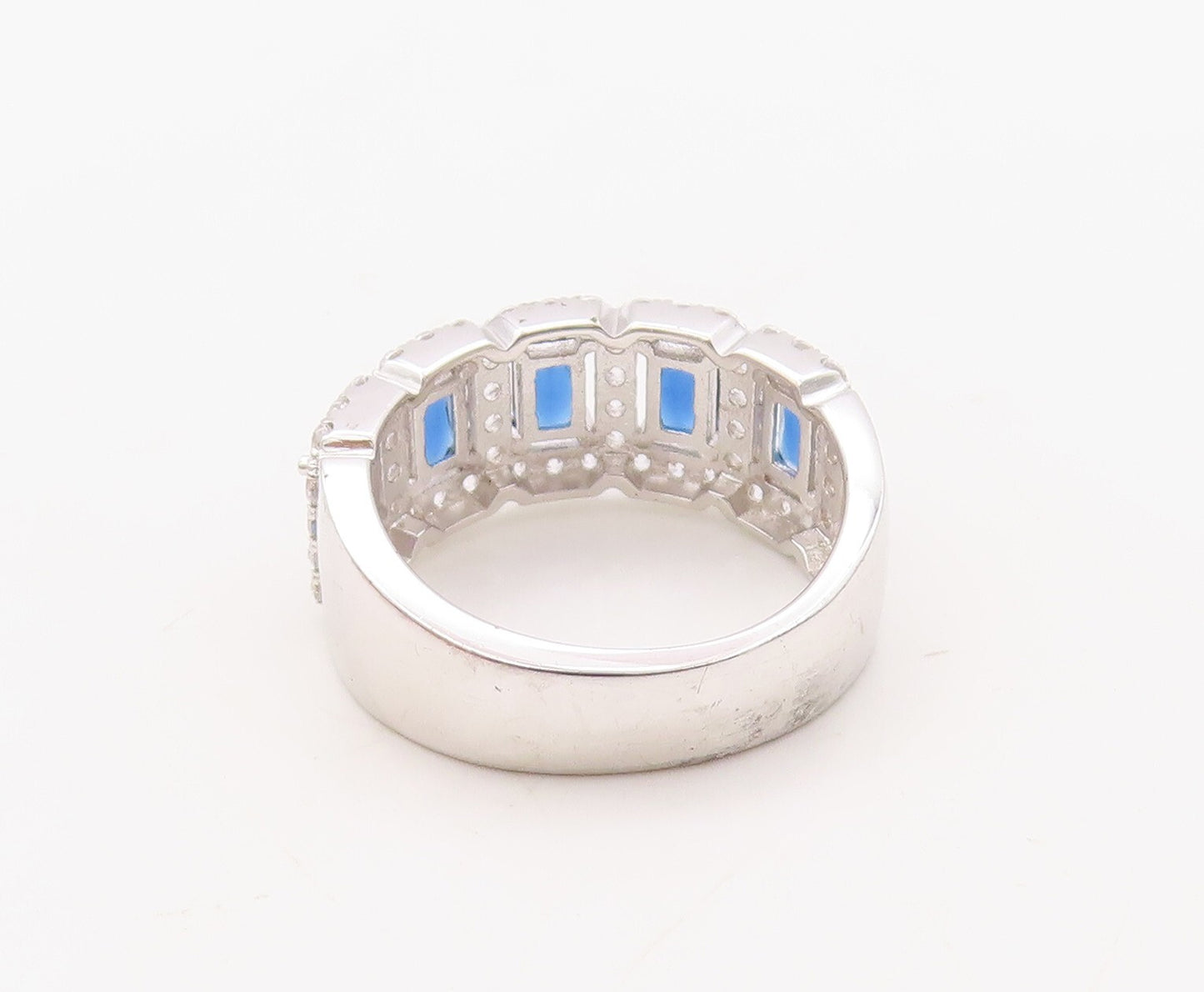 925 Sterling Silver Vintage Ring Rectangle Sapphire Halo CZ Inlay Sz 7.5 RG30817