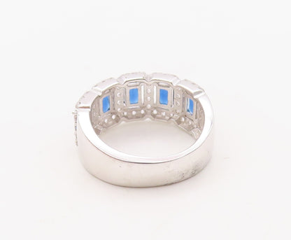 925 Sterling Silver Vintage Ring Rectangle Sapphire Halo CZ Inlay Sz 7.5 RG30817