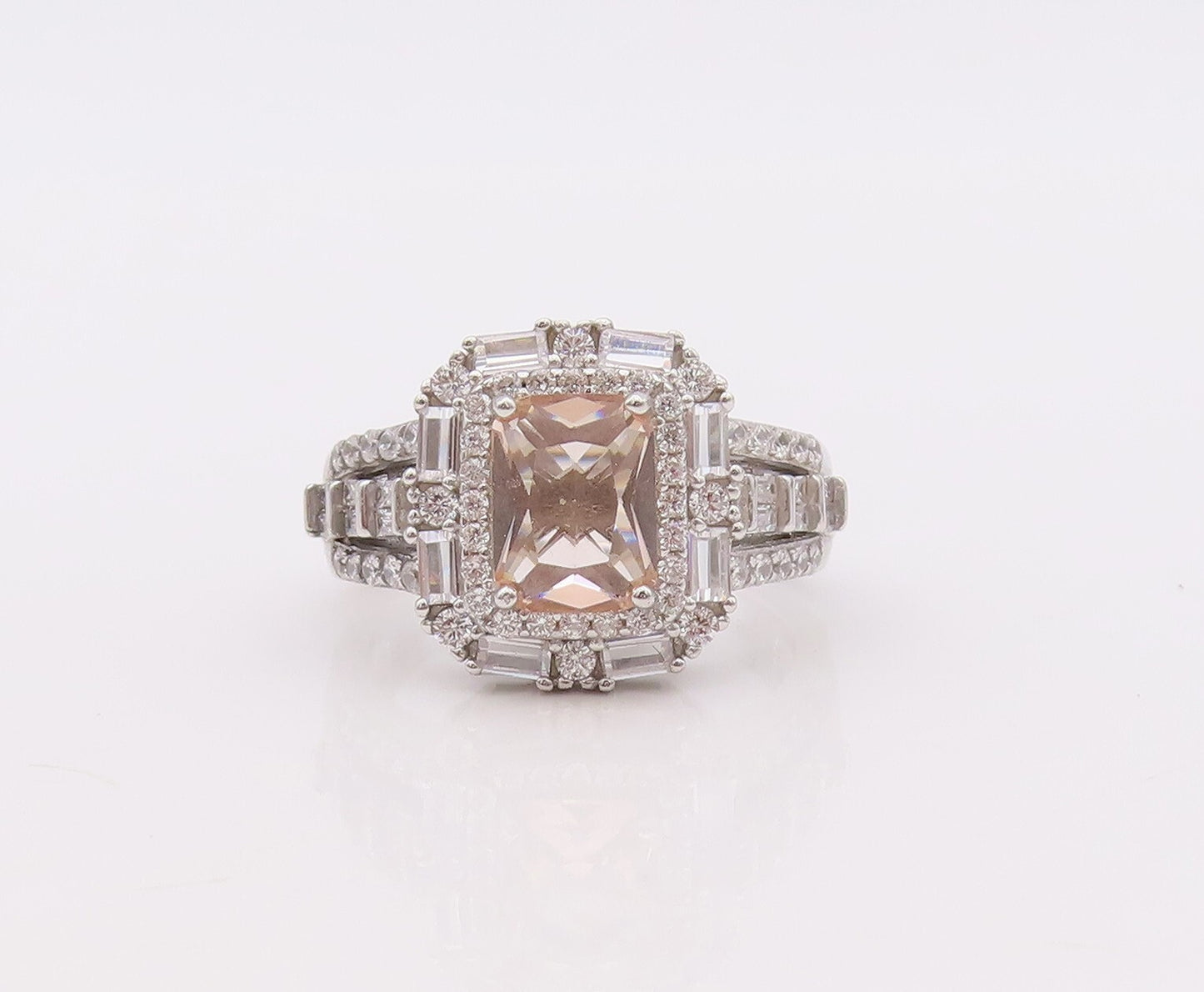 925 Sterling Silver Vintage Ring Rectangle Cut Morganite & CZ  Sz 7  RG29894