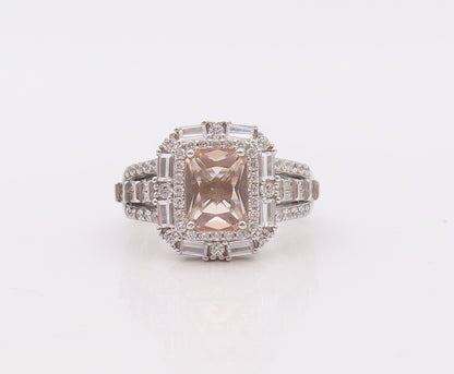 925 Sterling Silver Vintage Ring Rectangle Cut Morganite & CZ  Sz 7  RG29894