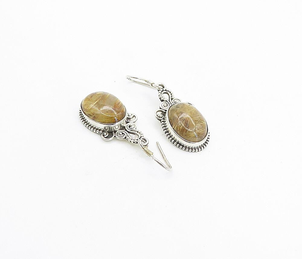 925 Sterling Silver  Vintage Cabochon Rutilated Quartz Dangle Earrings  EG3785