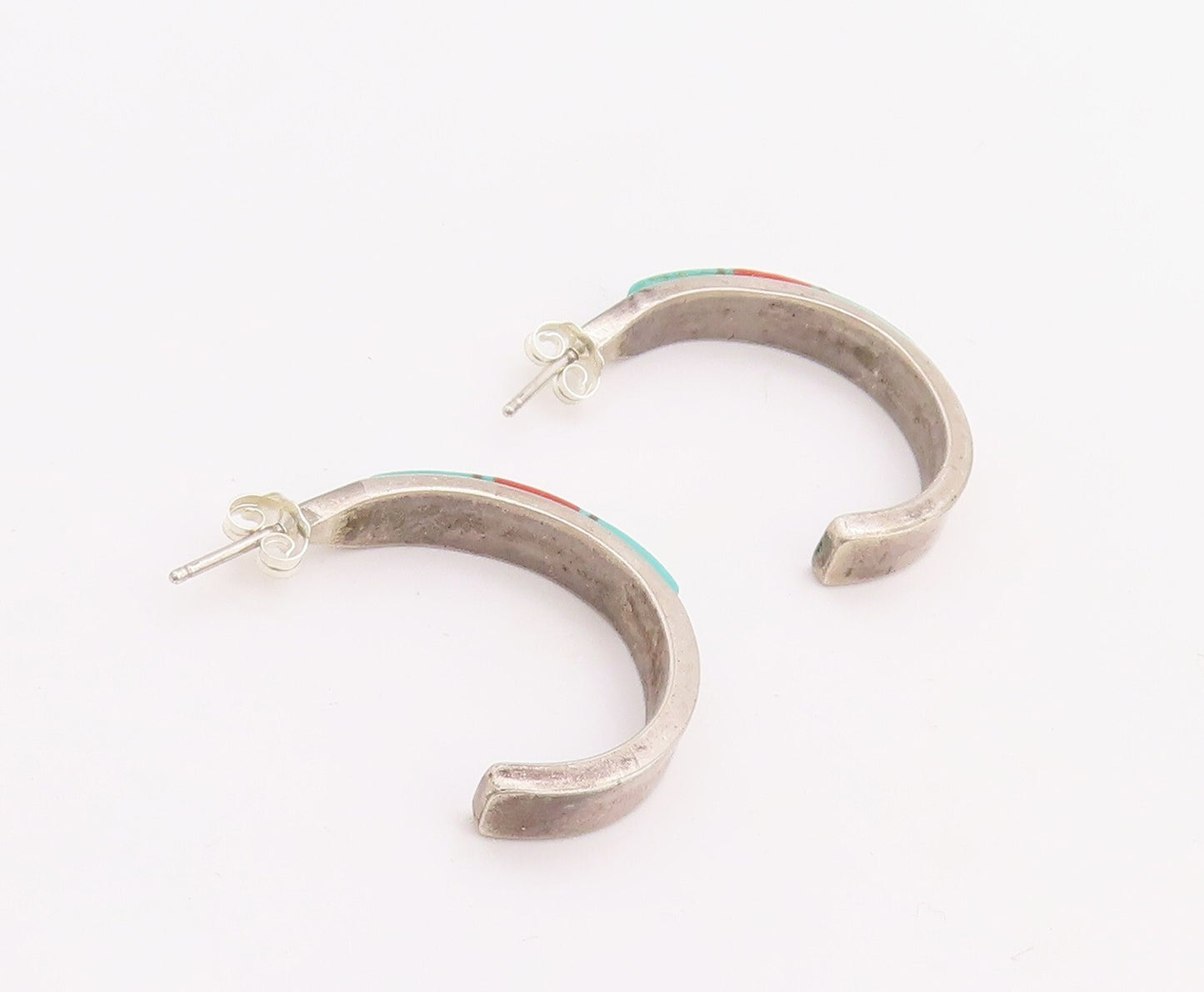 925 Sterling Silver Vintage Earrings NAVAJO ZUNI Turquoise Open Hoops  EG13184