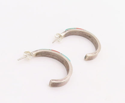 925 Sterling Silver Vintage Earrings NAVAJO ZUNI Turquoise Open Hoops  EG13184