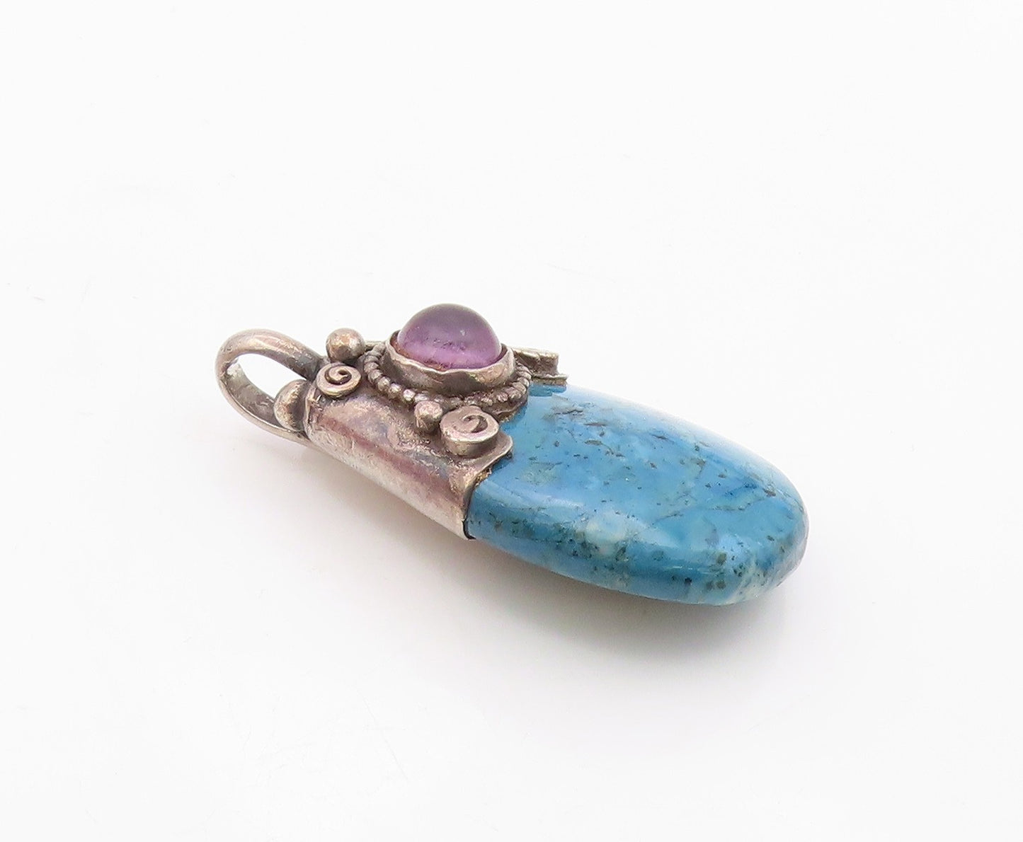 925 Sterling Silver  Vintage Blue Turquoise & Amethyst Swirl Pendant  PT19267